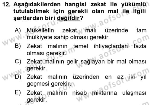 İslam İbadet Esasları Dersi 2023 - 2024 Yılı Yaz Okulu Sınav Soruları 12. Soru