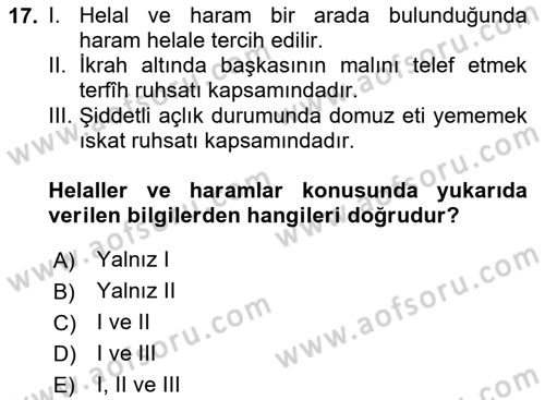 İslam İbadet Esasları Dersi 2023 - 2024 Yılı Yaz Okulu Sınav Soruları 17. Soru