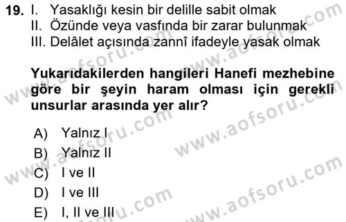 İslam İbadet Esasları Dersi 2023 - 2024 Yılı Yaz Okulu Sınav Soruları 19. Soru