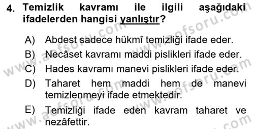 İslam İbadet Esasları Dersi 2023 - 2024 Yılı Yaz Okulu Sınav Soruları 4. Soru