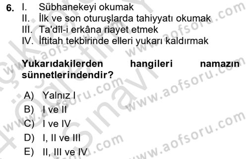 İslam İbadet Esasları Dersi 2023 - 2024 Yılı Yaz Okulu Sınav Soruları 6. Soru