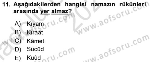 İslam İbadet Esasları Dersi Ara Sınavı Deneme Sınav Soruları 11. Soru