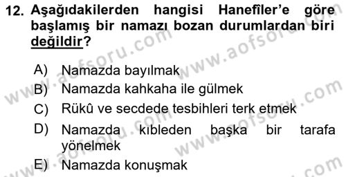 İslam İbadet Esasları Dersi Ara Sınavı Deneme Sınav Soruları 12. Soru