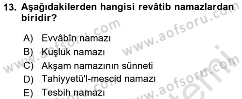 İslam İbadet Esasları Dersi Ara Sınavı Deneme Sınav Soruları 13. Soru