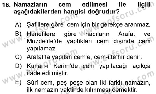 İslam İbadet Esasları Dersi 2024 - 2025 Yılı (Vize) Ara Sınav Soruları 16. Soru