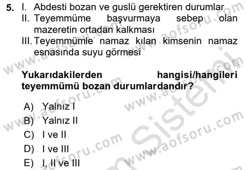 İslam İbadet Esasları Dersi Ara Sınavı Deneme Sınav Soruları 5. Soru
