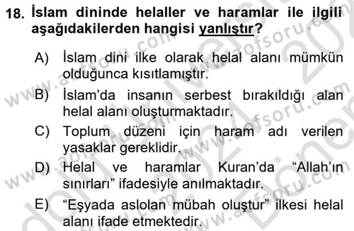 İslam İbadet Esasları Dersi 2024 - 2025 Yılı (Final) Dönem Sonu Sınav Soruları 18. Soru