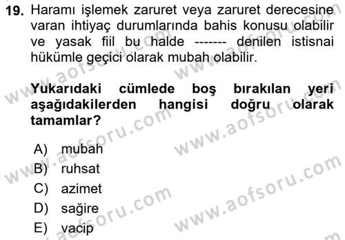 İslam İbadet Esasları Dersi 2024 - 2025 Yılı (Final) Dönem Sonu Sınav Soruları 19. Soru