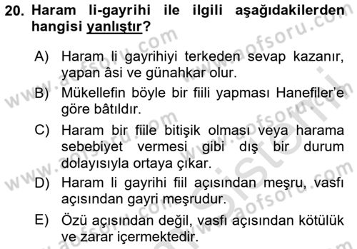 İslam İbadet Esasları Dersi 2024 - 2025 Yılı (Final) Dönem Sonu Sınav Soruları 20. Soru