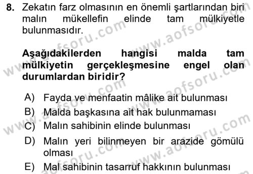 İslam İbadet Esasları Dersi 2024 - 2025 Yılı (Final) Dönem Sonu Sınav Soruları 8. Soru