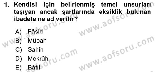 İslam İbadet Esasları Dersi 2024 - 2025 Yılı Yaz Okulu Sınav Soruları 1. Soru