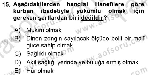 İslam İbadet Esasları Dersi 2024 - 2025 Yılı Yaz Okulu Sınav Soruları 15. Soru
