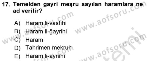 İslam İbadet Esasları Dersi 2024 - 2025 Yılı Yaz Okulu Sınav Soruları 17. Soru