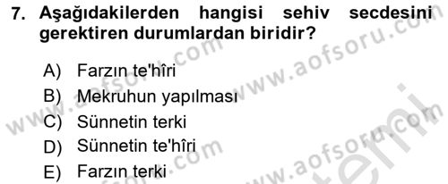 İslam İbadet Esasları Dersi 2024 - 2025 Yılı Yaz Okulu Sınav Soruları 7. Soru