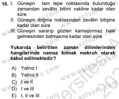 İslam İbadet Esasları Dersi 2025 - 2026 Yılı (Vize) Ara Sınav Soruları 10. Soru