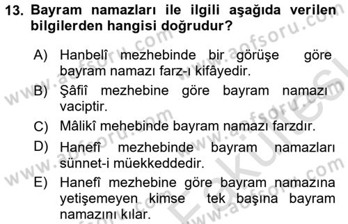 İslam İbadet Esasları Dersi 2025 - 2026 Yılı (Vize) Ara Sınav Soruları 13. Soru