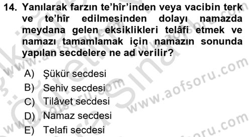 İslam İbadet Esasları Dersi 2025 - 2026 Yılı (Vize) Ara Sınav Soruları 14. Soru