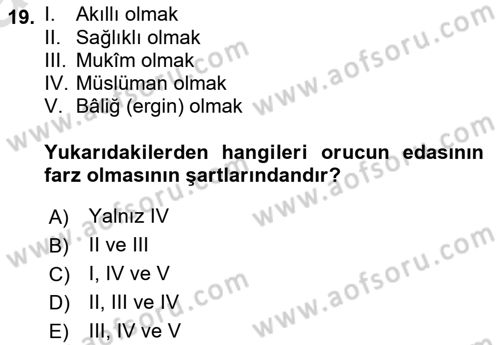 İslam İbadet Esasları Dersi 2025 - 2026 Yılı (Vize) Ara Sınav Soruları 19. Soru