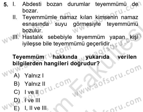 İslam İbadet Esasları Dersi 2025 - 2026 Yılı (Vize) Ara Sınav Soruları 5. Soru