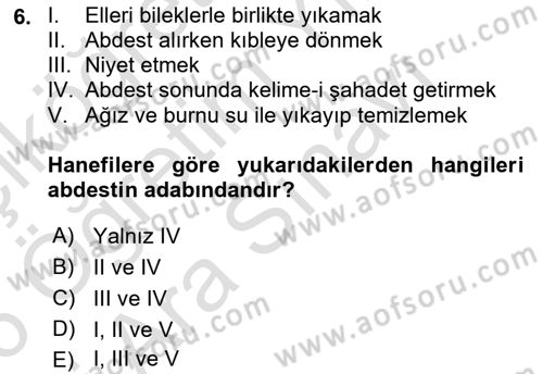 İslam İbadet Esasları Dersi 2025 - 2026 Yılı (Vize) Ara Sınav Soruları 6. Soru