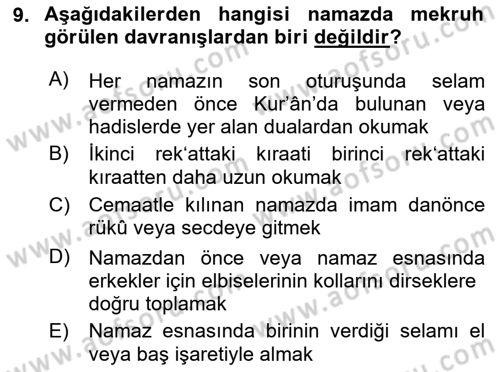 İslam İbadet Esasları Dersi 2025 - 2026 Yılı (Vize) Ara Sınav Soruları 9. Soru