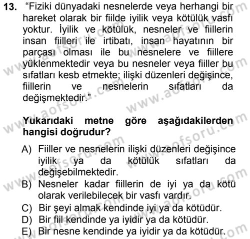 İslam Ahlak Esasları Dersi Ara Sınavı Deneme Sınav Soruları 13. Soru