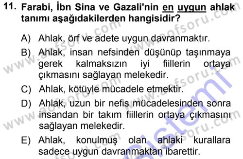 İslam Ahlak Esasları Dersi 2013 - 2014 Yılı (Vize) Ara Sınav Soruları 11. Soru