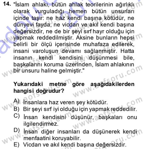 İslam Ahlak Esasları Dersi Ara Sınavı Deneme Sınav Soruları 14. Soru