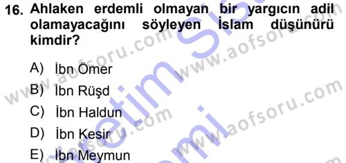 İslam Ahlak Esasları Dersi Ara Sınavı Deneme Sınav Soruları 16. Soru