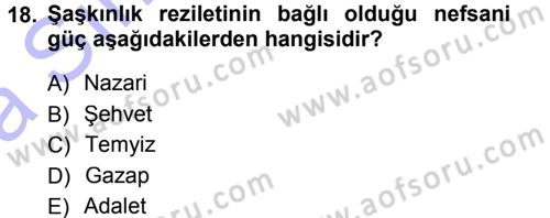 İslam Ahlak Esasları Dersi 2014 - 2015 Yılı (Vize) Ara Sınav Soruları 18. Soru