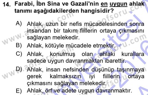 İslam Ahlak Esasları Dersi 2015 - 2016 Yılı (Vize) Ara Sınavı 14. Soru