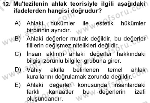 İslam Ahlak Esasları Dersi 2016 - 2017 Yılı (Vize) Ara Sınav Soruları 12. Soru