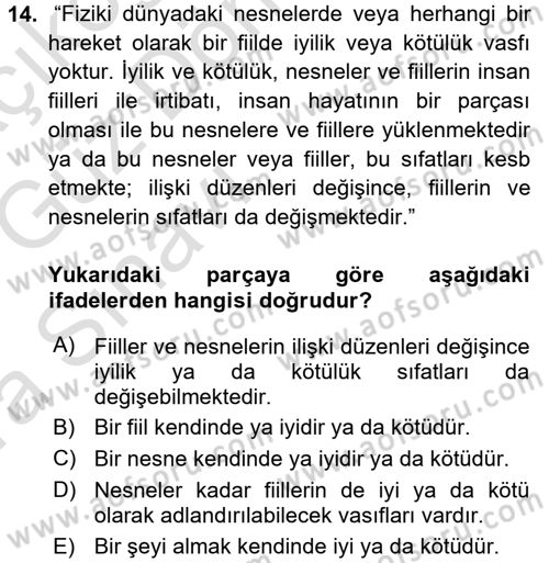 İslam Ahlak Esasları Dersi 2016 - 2017 Yılı (Vize) Ara Sınav Soruları 14. Soru