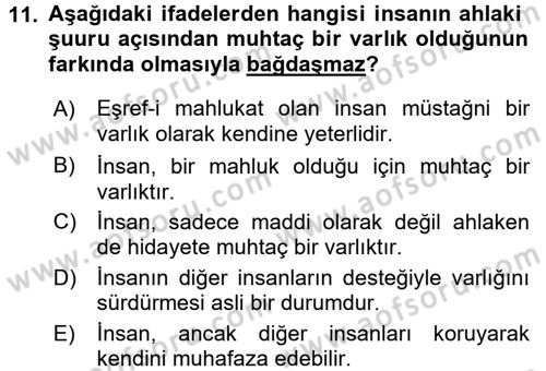 İslam Ahlak Esasları Dersi Ara Sınavı Deneme Sınav Soruları 11. Soru