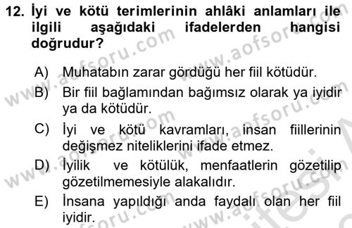 İslam Ahlak Esasları Dersi Ara Sınavı Deneme Sınav Soruları 12. Soru