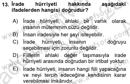 İslam Ahlak Esasları Dersi Ara Sınavı Deneme Sınav Soruları 13. Soru