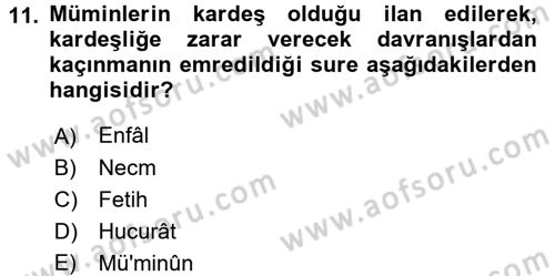 İslam Ahlak Esasları Dersi 2017 - 2018 Yılı (Final) Dönem Sonu Sınav Soruları 11. Soru