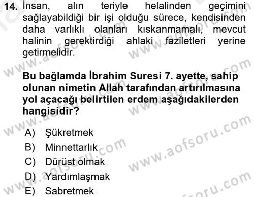 İslam Ahlak Esasları Dersi 2017 - 2018 Yılı (Final) Dönem Sonu Sınav Soruları 14. Soru