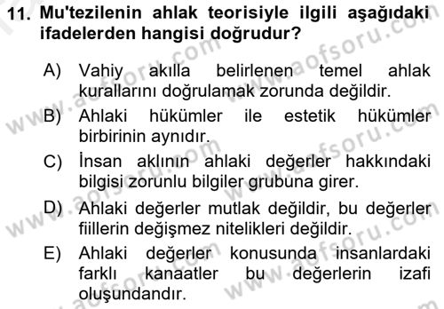 İslam Ahlak Esasları Dersi 2018 - 2019 Yılı (Vize) Ara Sınav Soruları 11. Soru