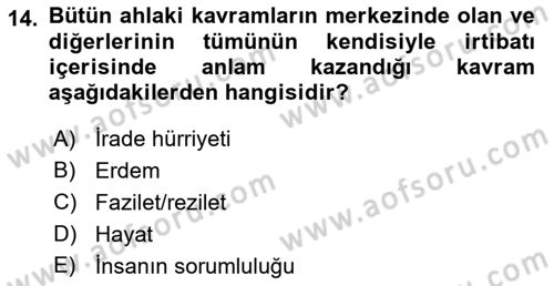 İslam Ahlak Esasları Dersi 2018 - 2019 Yılı (Vize) Ara Sınav Soruları 14. Soru