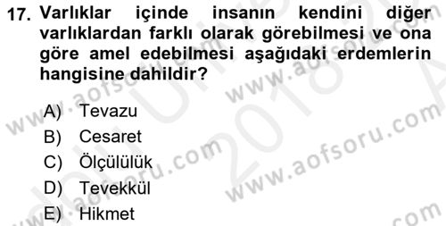 İslam Ahlak Esasları Dersi 2018 - 2019 Yılı (Vize) Ara Sınav Soruları 17. Soru