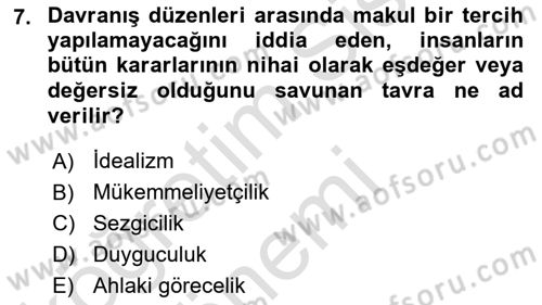İslam Ahlak Esasları Dersi Ara Sınavı Deneme Sınav Soruları 7. Soru