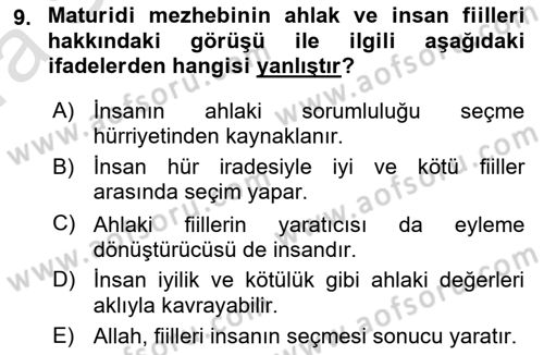 İslam Ahlak Esasları Dersi Ara Sınavı Deneme Sınav Soruları 9. Soru