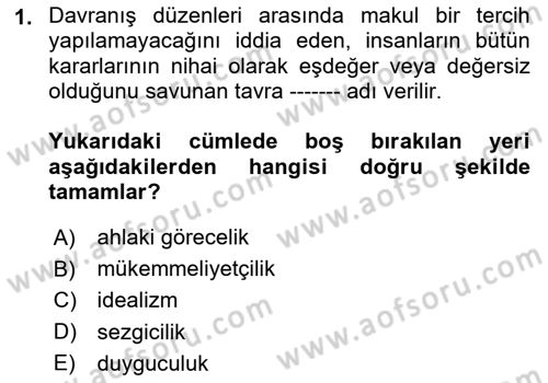 İslam Ahlak Esasları Dersi 2020 - 2021 Yılı Yaz Okulu Sınav Soruları 1. Soru