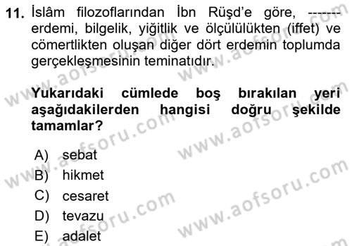 İslam Ahlak Esasları Dersi 2020 - 2021 Yılı Yaz Okulu Sınav Soruları 11. Soru
