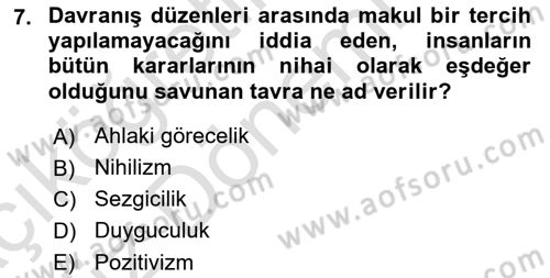 İslam Ahlak Esasları Dersi Ara Sınavı Deneme Sınav Soruları 7. Soru