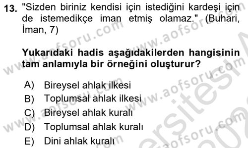 İslam Ahlak Esasları Dersi 2021 - 2022 Yılı Yaz Okulu Sınavı 13. Soru