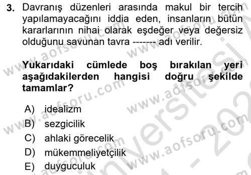 İslam Ahlak Esasları Dersi 2021 - 2022 Yılı Yaz Okulu Sınavı 3. Soru