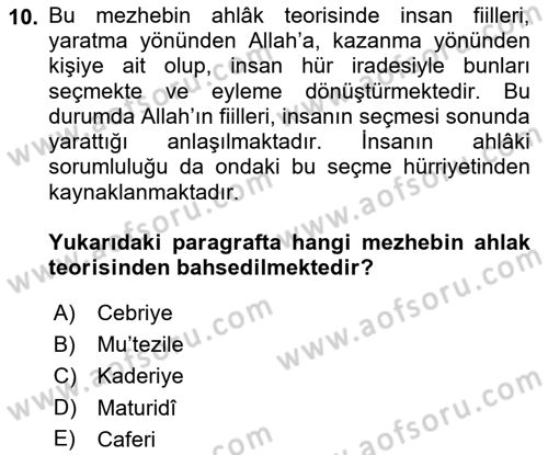 İslam Ahlak Esasları Dersi 2022 - 2023 Yılı (Vize) Ara Sınavı 10. Soru