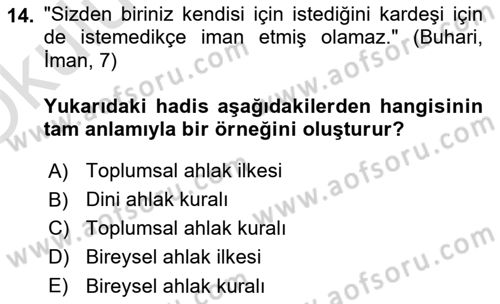 İslam Ahlak Esasları Dersi 2022 - 2023 Yılı Yaz Okulu Sınav Soruları 14. Soru